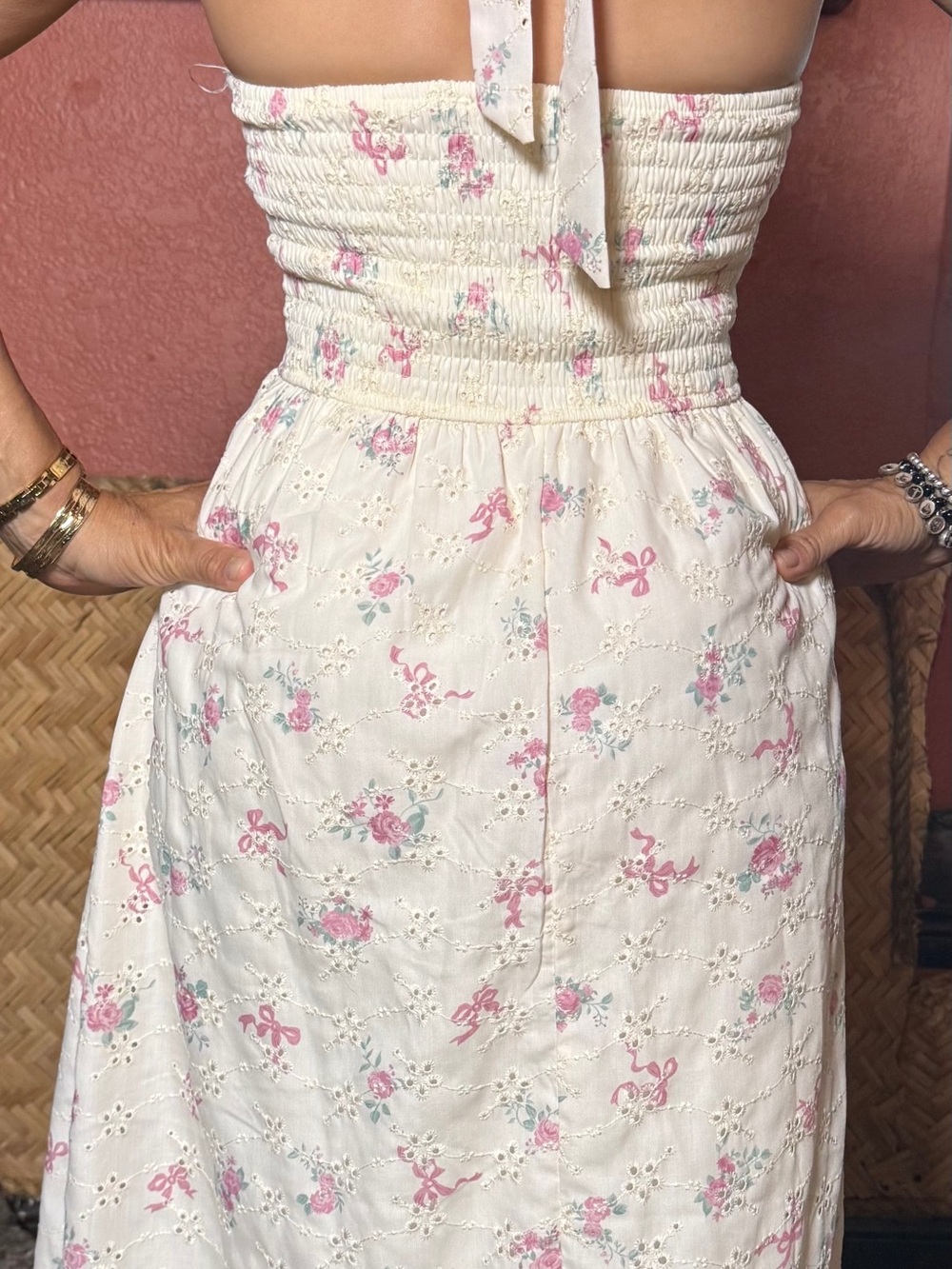Women’s White Halter Midi Dress with Pink Floral Print - Picture 2 of 7
